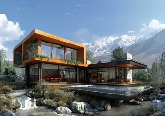 Obraz premium Modern Mountain Home Exterior with Pool and Mountain Views