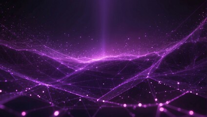 Abstract Deep Purple Digital Background with Glittering Purple Light Particles and Areas with Profound Depths. Particles Form into Lines, Surfaces, and Grids. - obrazy, fototapety, plakaty