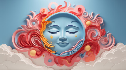 3d illustration visualized a mythical artistic sun, solstice cloud background in pastel color tone. - 794109897
