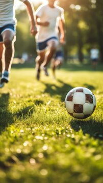 b'Blurred image of kids playing soccer on a field'