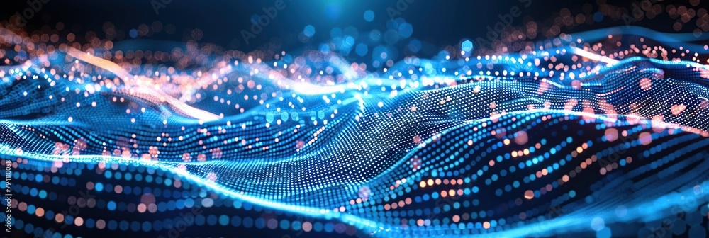 Poster abstract blue digital background with glowing dots and wavy lines, dark background.