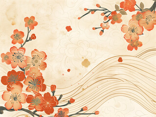 A stylized illustration of red flowers with swirling beige patterns on a cream background.
