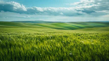 b'Green rolling hills of wheat field under blue sky and white clouds' - obrazy, fototapety, plakaty