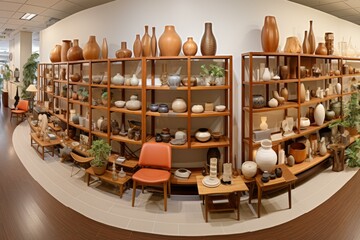 b'Mid-century modern furniture and pottery in a retail store'