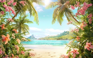 Fototapeta na wymiar Tropical beach with palm trees and flowers, bright blue sky, beautiful scenery, sun rays shining on the sand, beach scene, colorful scene.