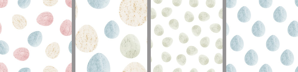 Watercolor set of seamless patterns. Collection of hand drawn pastel Easter eggs