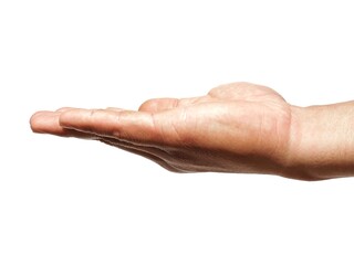 Male hands open and stretched forward on business concept isolated on white background.	