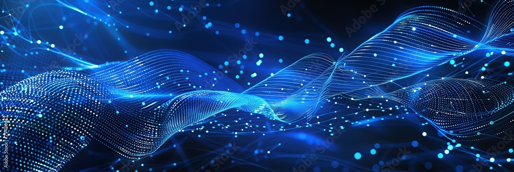 Poster The wave pattern background symbolizes movement in cyberspace and information flow on a dark backdrop.