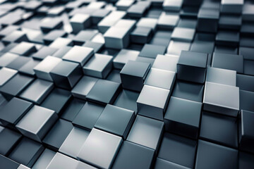 A minimalist background composed of 3D pixelated squares arranged in a grid-like pattern, reminiscent of digital displays or computer screens.  - obrazy, fototapety, plakaty