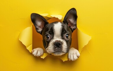 Adorable Puppy Popping Through Yellow Paper