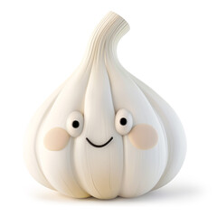 Smiling anthropomorphic garlic bulb character with rosy cheeks on white background