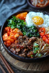 Korean Food, Bibimbap with egg, kimchi and vegetables