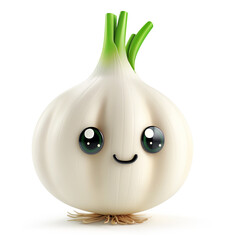 Smiling garlic cartoon character with green sprouts on top on a white background