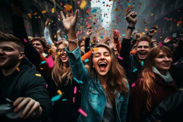 b'Ecstatic Crowd Celebrates with Confetti in the Air'