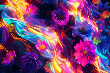 Dynamic waves of fluorescent color weaving through a tapestry of angular floral shapes, creating an electrifying display. - obrazy, fototapety, plakaty