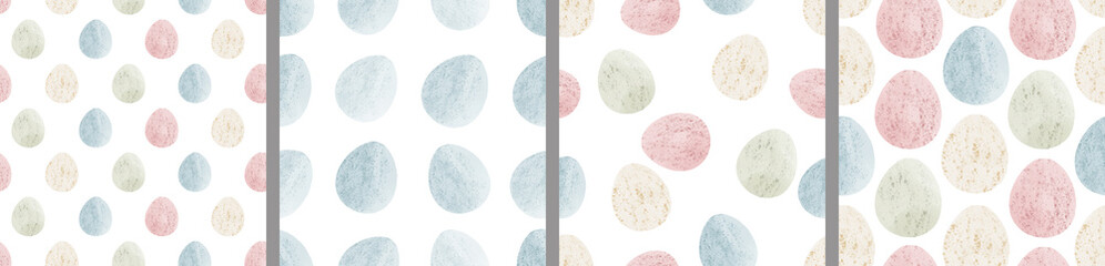 Watercolor set of seamless patterns. Collection of hand drawn pastel Easter eggs