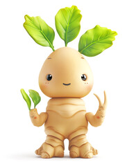 Cute ginger character with green leaves and a friendly gesture on a white background