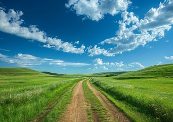 b'Country road through a green field'