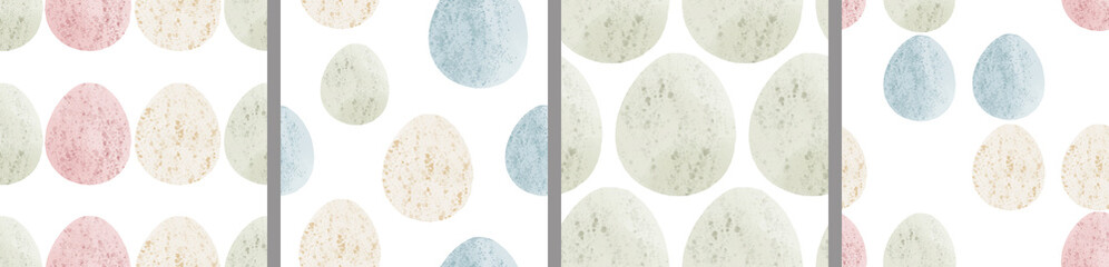 Watercolor set of seamless patterns. Collection of hand drawn pastel Easter eggs