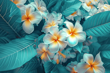 Beautiful Tropical Floral Arrangement in Central White and Orange Blossoms on Blue Background for Design Inspiration