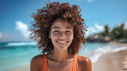 A woman with curly hair is smiling at the camera on a beach