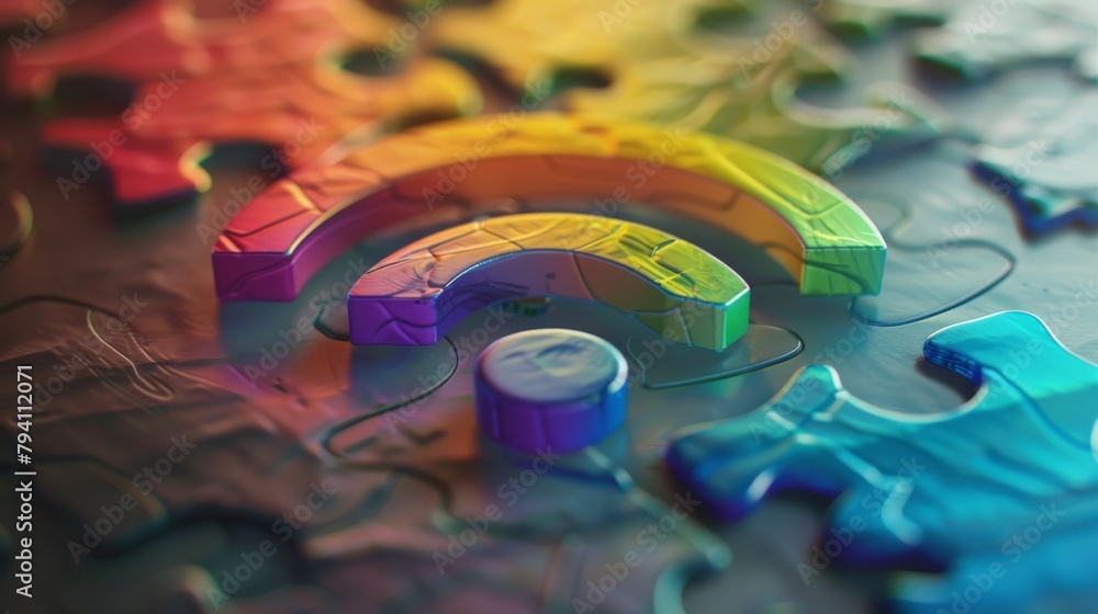 Poster a single, oversized wi-fi symbol constructed from colorful puzzle pieces, symbolizing the complex te