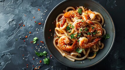 Stir fry noodles with vegetables and shrimps in black bowl. Slate background. Top view. Copy space