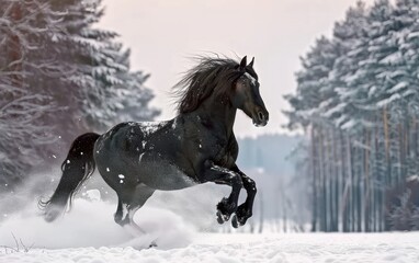 Majestic Horse Galloping in Snowy Forest