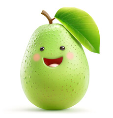 Happy green guava character with a cute face and leaf on a white background