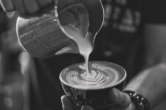 Mano de camarero echando leche con una jarra metalica, en una taza de ceramica que contiene cafe, haciendo un dibujo artistico. imagen en blanco y negro