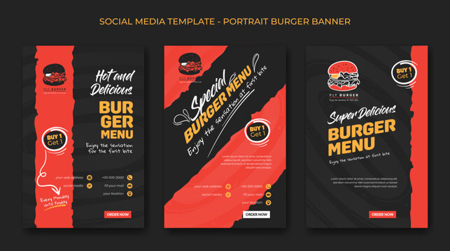 Set of portrait social media post template with burger icon design in black and red background