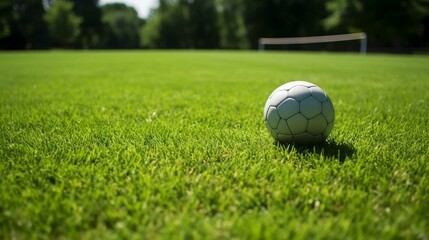 Fototapeta premium b'A soccer ball sits on the grass in front of an empty soccer goal.'