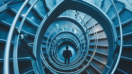 Ambitious Businessman Climbing High-Rise Building Staircase, Symbolizing Strategic Leadership