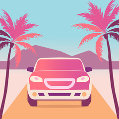Vector illustration of a car on the road. Concept of summer vacation and tourism by car.
