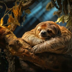 Naklejka premium b'A cute brown sloth sleeping on a tree branch'