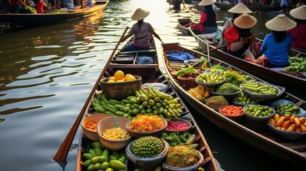 Fototapeta premium b'Floating market in Thailand with boats full of fresh fruits and vegetables'