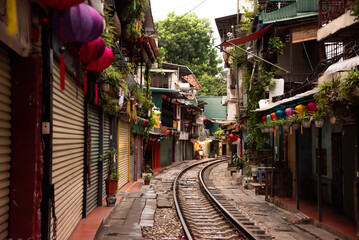 Train street in Hanoi, Vietnam. Famous landmark and tourism destination - 794113080