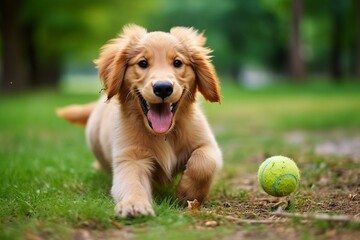 b'A Golden Retriever puppy running in the grass after a tennis ball'