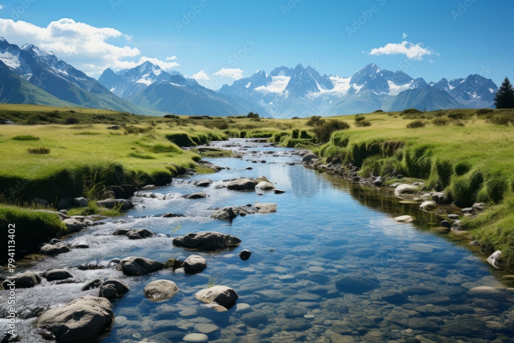 Wall mural b'Scenic view of a river flowing through a valley with snow-capped mountains in the distance'