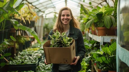 A Woman Holding Plants Happily