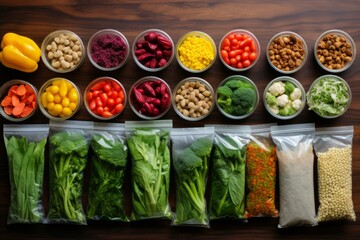 b'A variety of fresh vegetables and grains are arranged on a wooden table.'