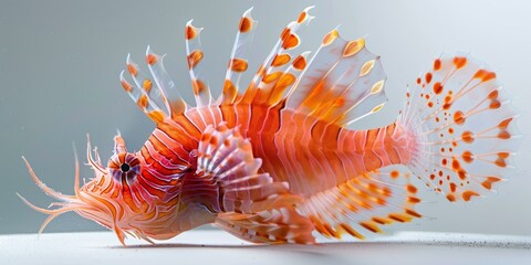 b'A red and white lionfish with its fins spread out'