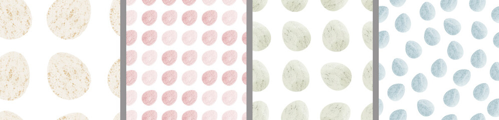 Watercolor set of seamless patterns. Collection of hand drawn pastel Easter eggs