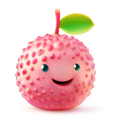 Blushing lychee character with a sweet smile and a green leaf on a white background