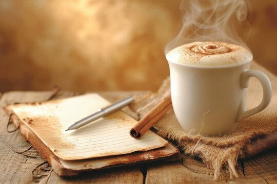 b'Cup of coffee with froth and cinnamon stick on a wooden table next to an open notebook and a pen'