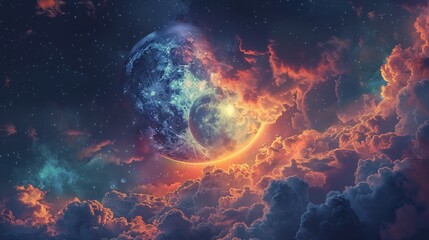 Moon: A mystical illustration of the moon surrounded by a ring of colorful clouds