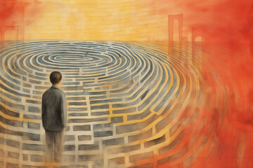 Fototapeta na wymiar Man standing in front of complicated maze. Drawing style illustration.