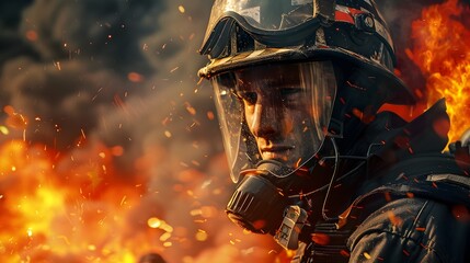 Heroic Firefighter: Portrait of Unwavering Commitment Amid Raging Flames - obrazy, fototapety, plakaty