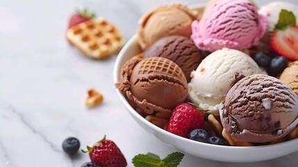 Various ice cream scoops on white background with assorted balls of vanilla, chocolate, strawberry and butterscotch icecream in waffles
