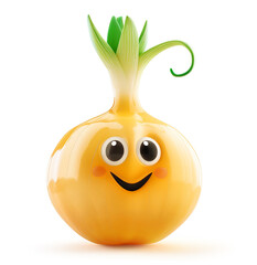 Cheerful onion character with sprouting green shoots and a friendly smile isolated on white - 794114889